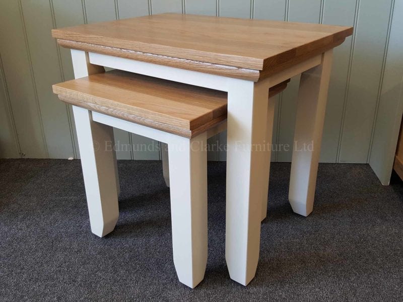 edmunds painted nest of two tables with oak top and mould tapered square edge legs painted grey