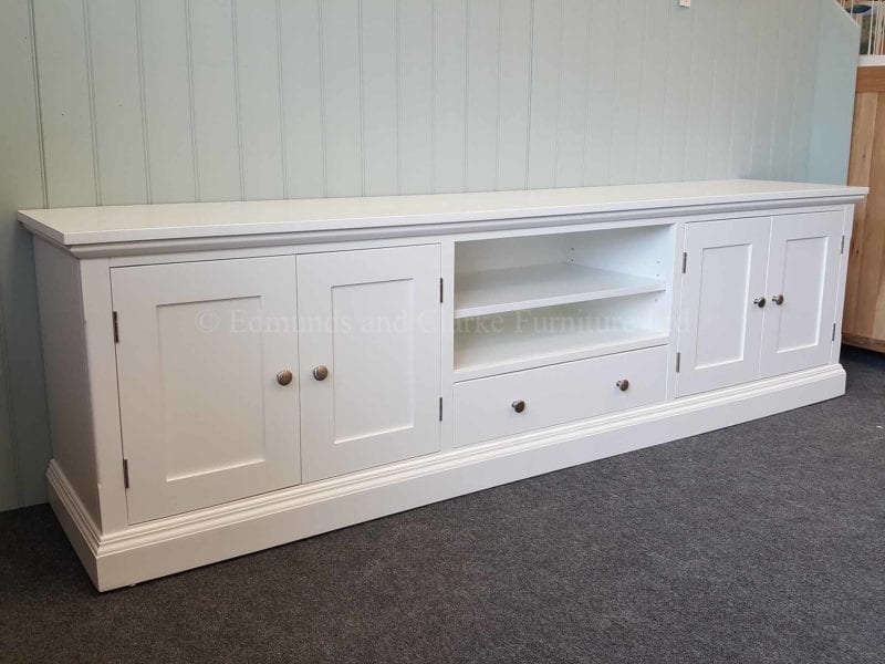 Wide long low painted white tv entertainment stand
