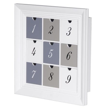 white 9 drawer wall cube. numbered drawers. light weight for easy wall hanging. perfect for craft or hobbies NSA038