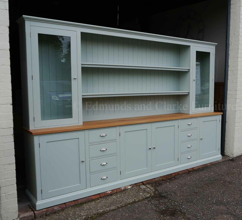 Huge kitchen dresser painted with solid oak top, sideboard has five cupboards and eight separate central drawers