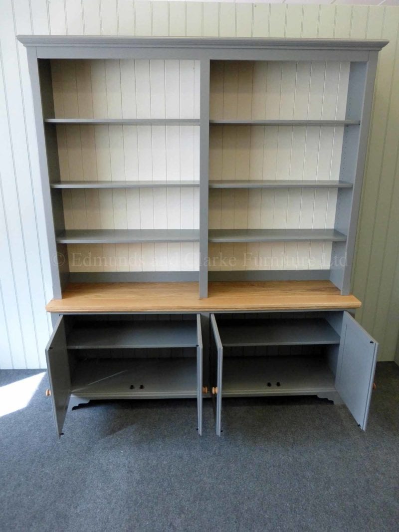 Library bookcase painted with oak top, four cupboard doors below and adjustable shelving above