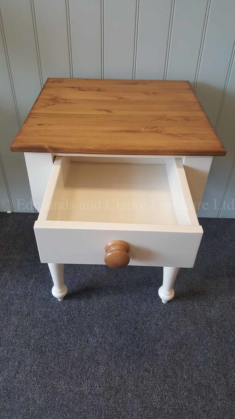 Square pine painted lamp table with single drawer and turned legs