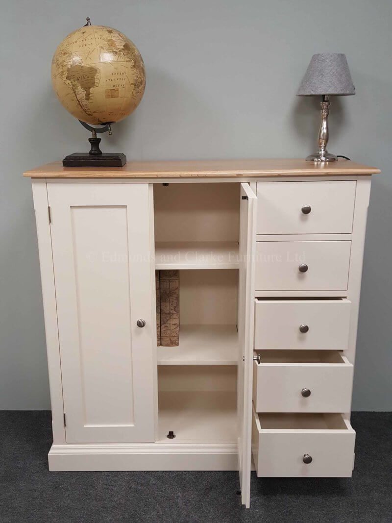 Painted cupboard with five drawers on right hand side, two internal adjustable shelves, choice of tops