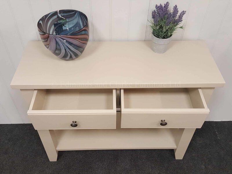 painted two drawer console table with shelf