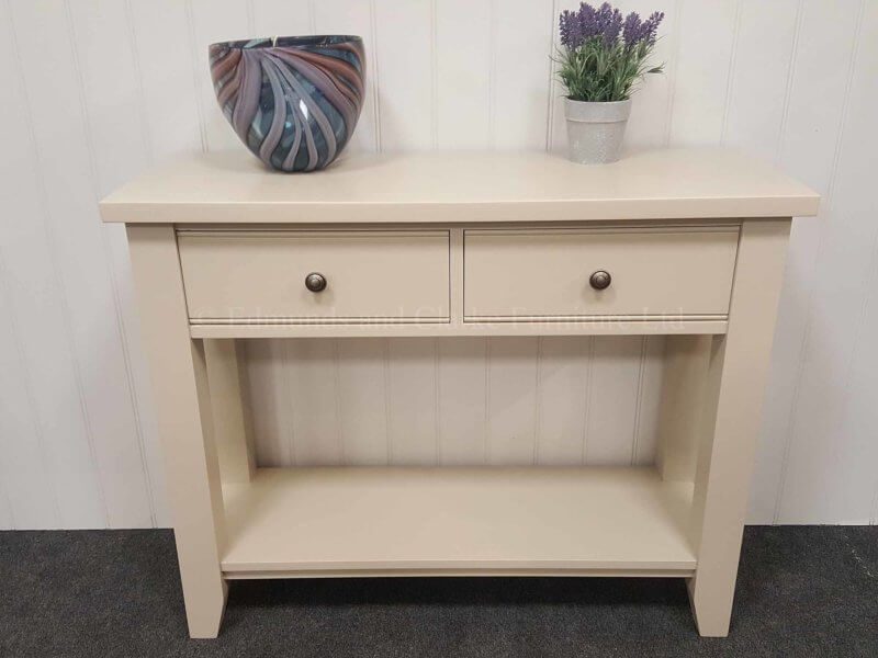 Painted console hall table, painted all over with two drawers and choice of knobs. handy shelf underneath for extra storage. painted in dunwich stone