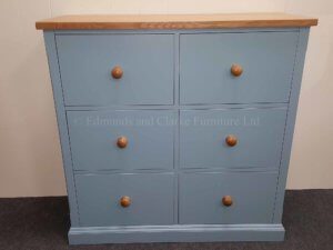 edmunds bespoke painted six drawer filing cabinet painted in alde river, oak top and matching knobs