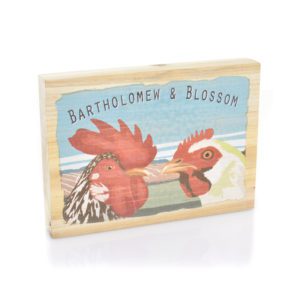 AP2080 Art marketing Bartholomew and blossom wood picture of hen and cockerel