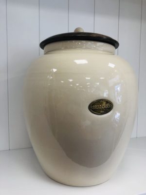 Country kitchen bread crock with air tight wooden lid