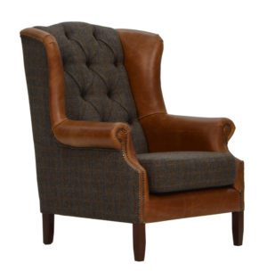 Vintage Sofa Company Wing Fast Track Chair moreland tweed and cerato brown leather chesterfield armchair