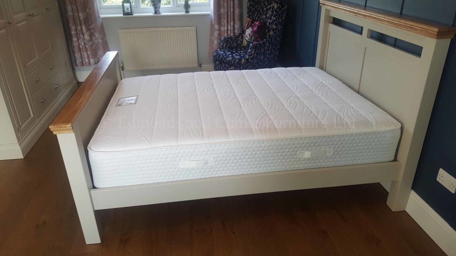King size panelled bed painted grey with high head and footboard