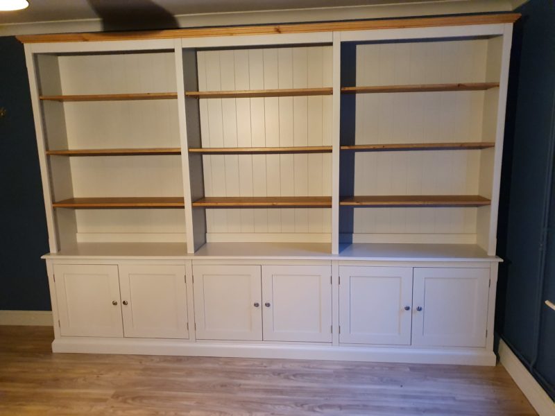 Library bookcase painted pavillion grey with waxed pine adjustable shelves