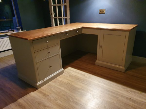 bespoke corner desk painted pavillion grey with waxed pin top, pedestal with drawers and cupboard