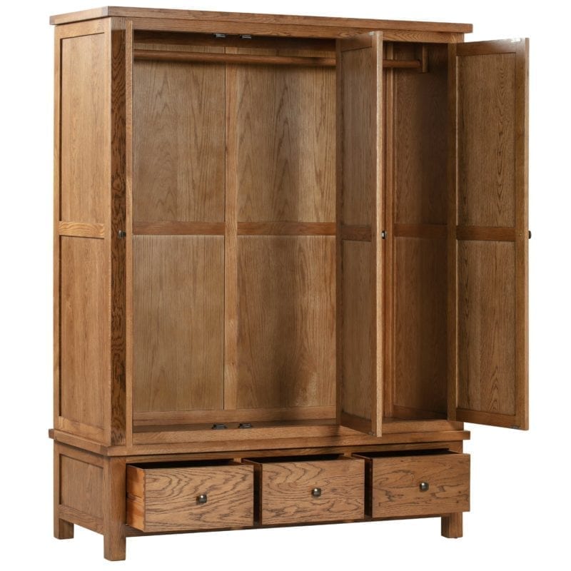 DOR033R Dorset rustic oak triple wardrobe with drawers Open