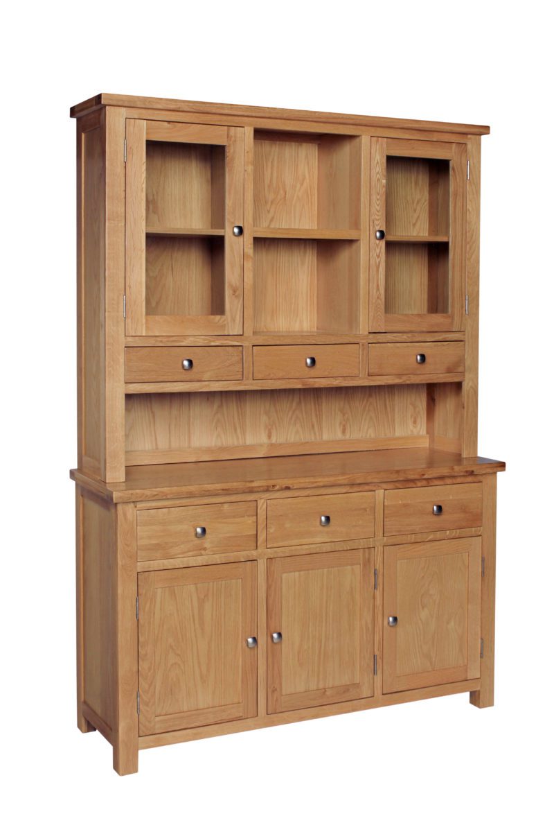 Dorset Oak complete kitchen dresser with glazed doors on the rack and 3 drawer sideboard below