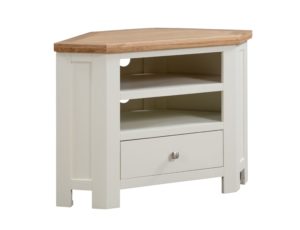 Dorset painted corner tv unit with shelf and drawer and oak top