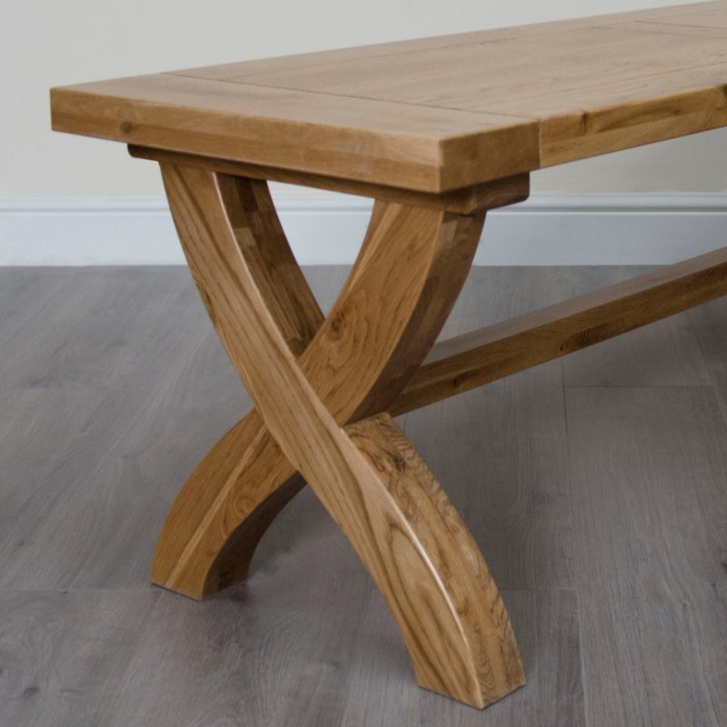 Melford solid oak bench with panelled top and cross x style leg detail with trestle bar
