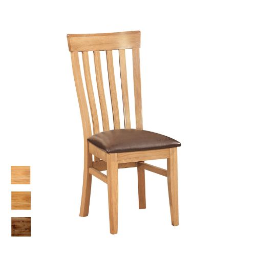 Toulouse oak dining chair with vertical slats and brown faux leather pad