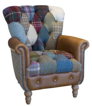 Vintage Sofa Co Gotham Harlequin Fast Track Chair in patchwork harris tweed and wool fabric with cerato brown leather arms and detailing on turned oak legs