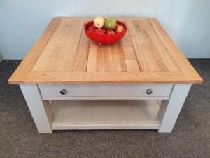 Large square coffee table with drawer and shelf painted grey oak top
