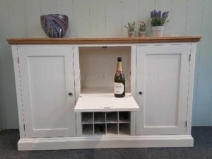 Sideboard with two full height doors, wine rack and pull down drinks flap