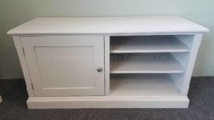 Painted grey television entertainment stand with door and open shelves