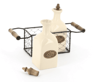 Country kitchen oil and vinegar ceramic set in a wire 2 handled carrier with wooden knobs