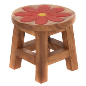 Childs Wooden Stool With Red Flower Carved and Painted in Top