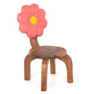 Childs Wooden Chair With Pink Flower Carved and Painted on Back Rest
