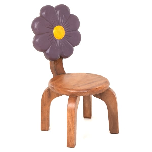 Childs Wooden Chair With Purple Flower Carved and Painted on Back Rest