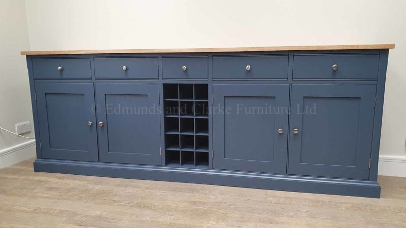 painted 8ft sideboard with oak top and central wine rack