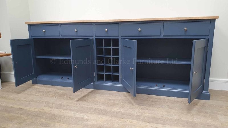 painted sideboard four drawers and doors central wine rack oak top