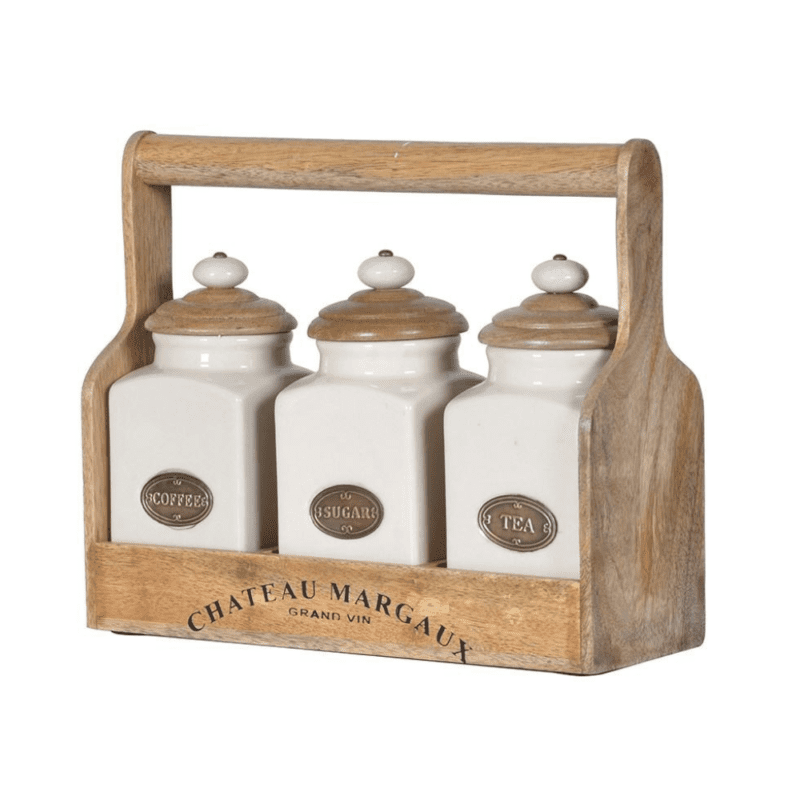 Set of 3 storage jars Coffee Tea and sugar in wood carrier