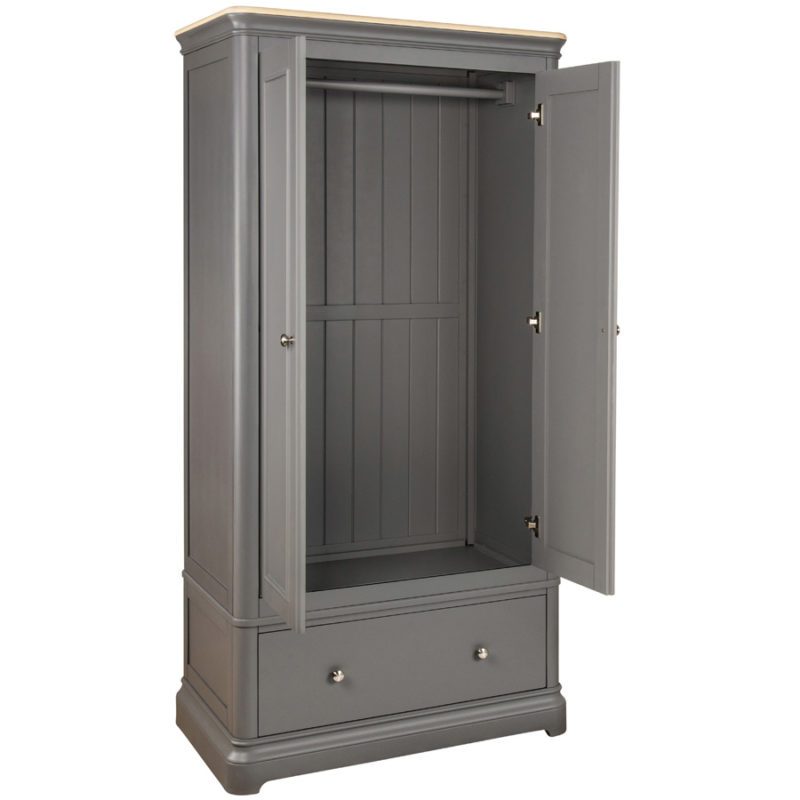 Gents grey double wardrobe with lower drawer - open doors