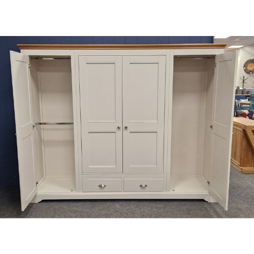 Clarke Painted quad wardrobe with 2 drawers side doors open. Edmunds & Clarke Furniture