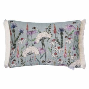 Voyage Maison Hermione Verdi Cushion light blue background with flowers and bees by Edmunds & Clarke