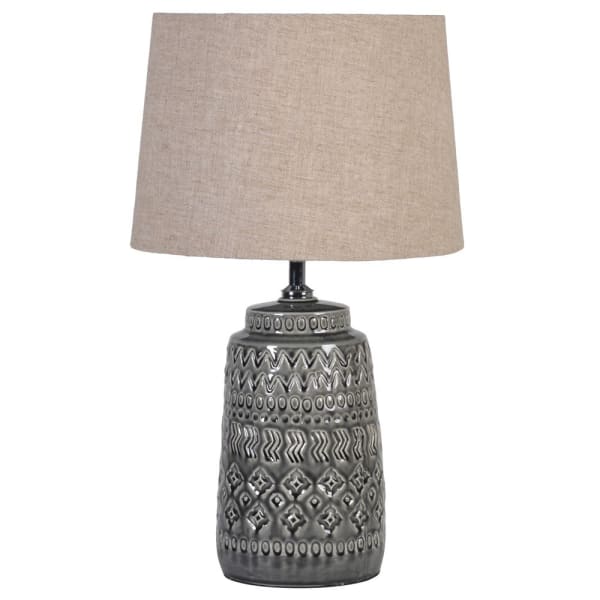 FLM004 Grey glazed table lamp with linen shade