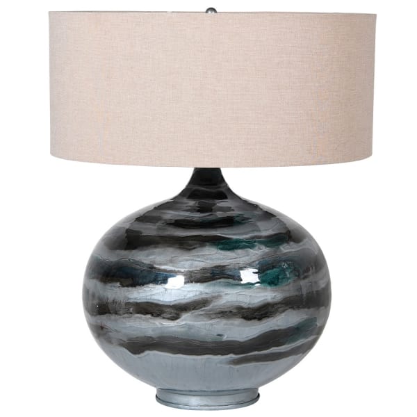 Large blue table lamp with natural linen shade