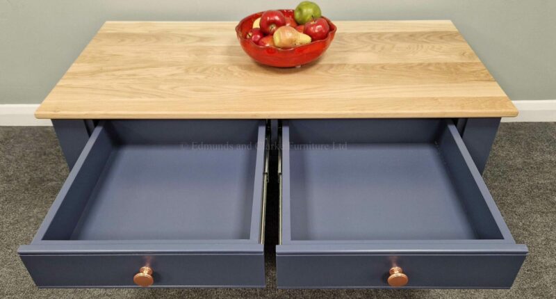 EDM117LG Edmunds Coffee Table with two drawers oak top and painted stiffkey blue image with drawers open