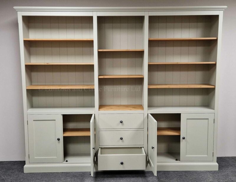 Edmunds Wide Open Bookcase With Doors, drawers and central bookcase doors drawers open