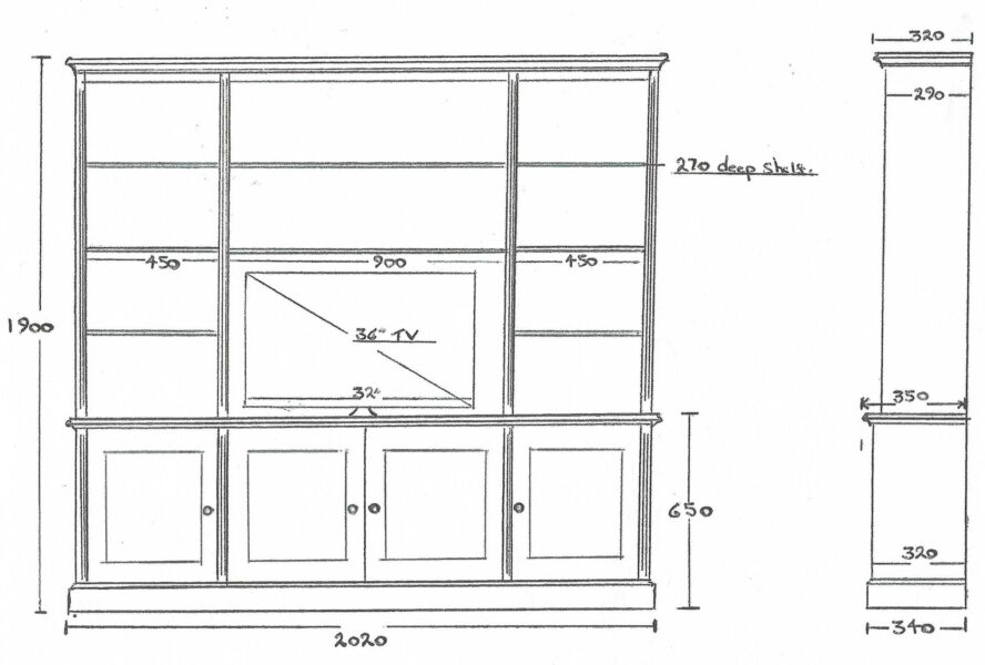 Bespoke Library bookcase tv entertainment unit drawing