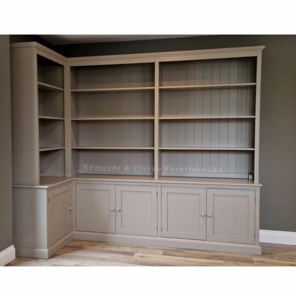 Bespoke office library corner bookcase painted Morston Quay all over, Edmunds & Clarke Furniture
