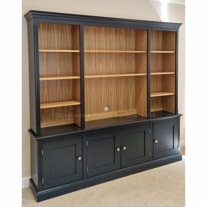 Bespoke library bookcase entertainment unit with contrast back and shelves