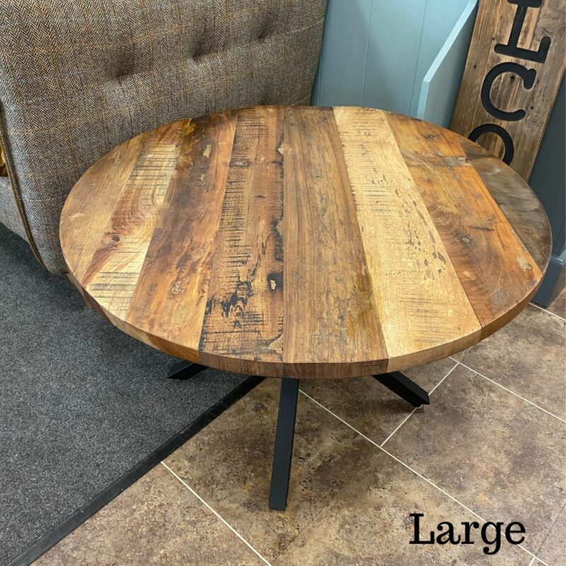 Java coffee table large round with rustic top and metal legs. Edmunds & Clarke Furniture