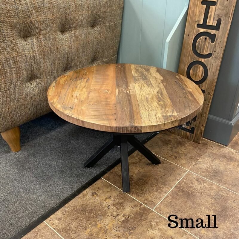 Java rustic coffee table small with metal legs and rustic round top. Edmunds & Clarke Furniture