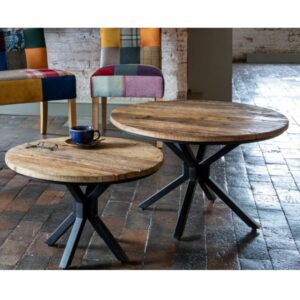 Java rustic coffee table with metal cross legs. Edmunds & Clarke Furniture