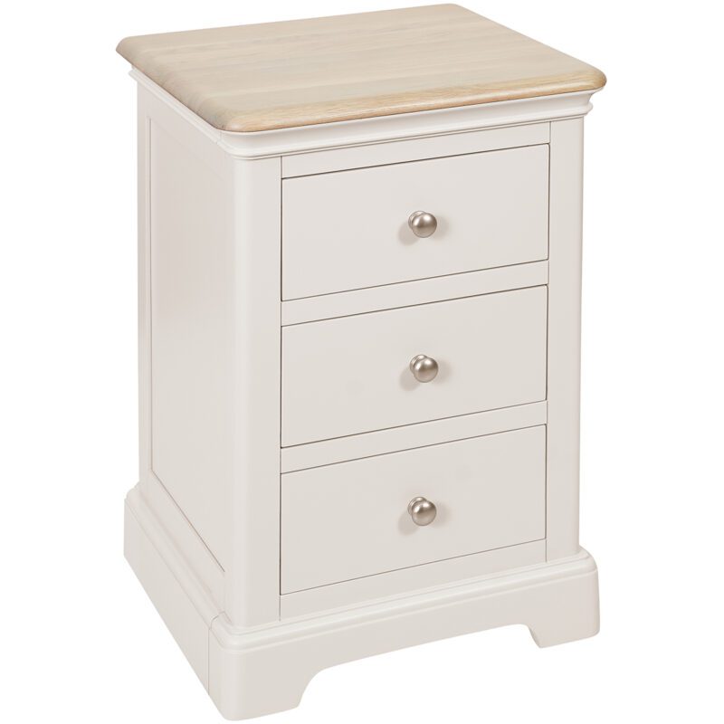 Barton painted 3 drawer bedside with light oak top and silver knobs. Edmunds & Clarke Furniture