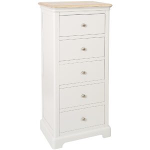 Barton Painted 5 Drawer Wellington chest with light oak top and silver knobs. Edmunds & Clarke Furniture