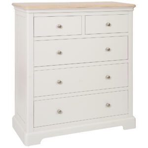 Barton painted 2 over 3 chest with light oak top and silver round knobs. Edmunds & Clarke Furniture