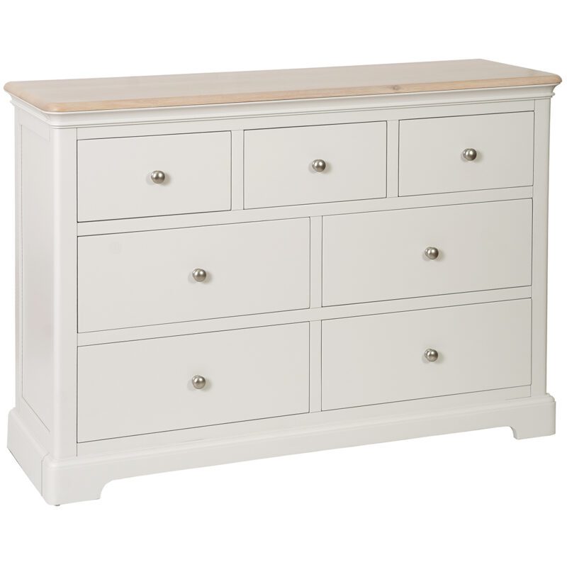 Barton Painted 3 Over 4 Chest of drawers and light oak top and silver knobs. Edmunds & Clarke Furniture