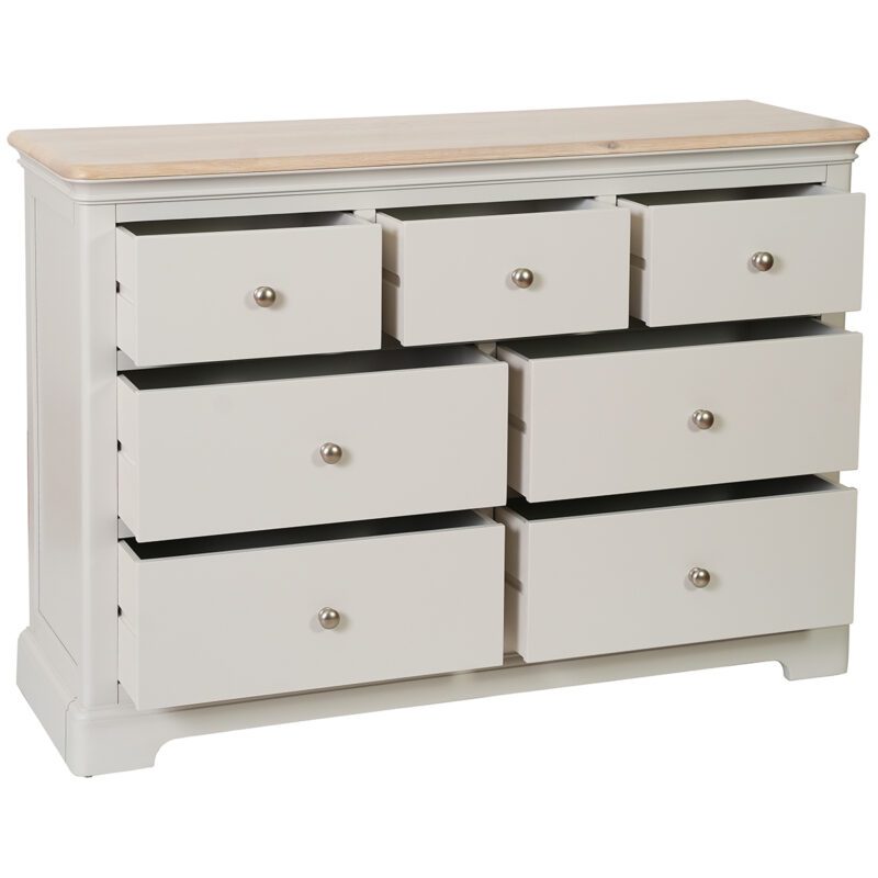 Barton Painted 3 Over 4 Chest of drawers showing drawers open and light oak top and silver knobs. Edmunds & Clarke Furniture